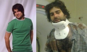 Amir Javadifar. A sinistra, poco prima di essere arrestato. A destra, nell'ultima immagine che abbiamo di lui da vivo, in ospedale dopo essere stato violentemente percosso e torturato.